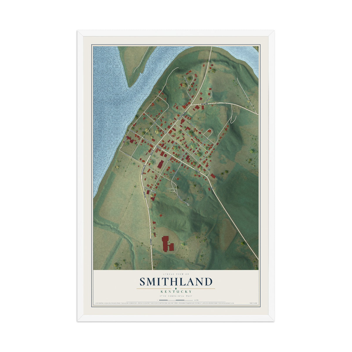 Map of Smithland, Kentucky, 12 x 18 inch print in a white wood frame