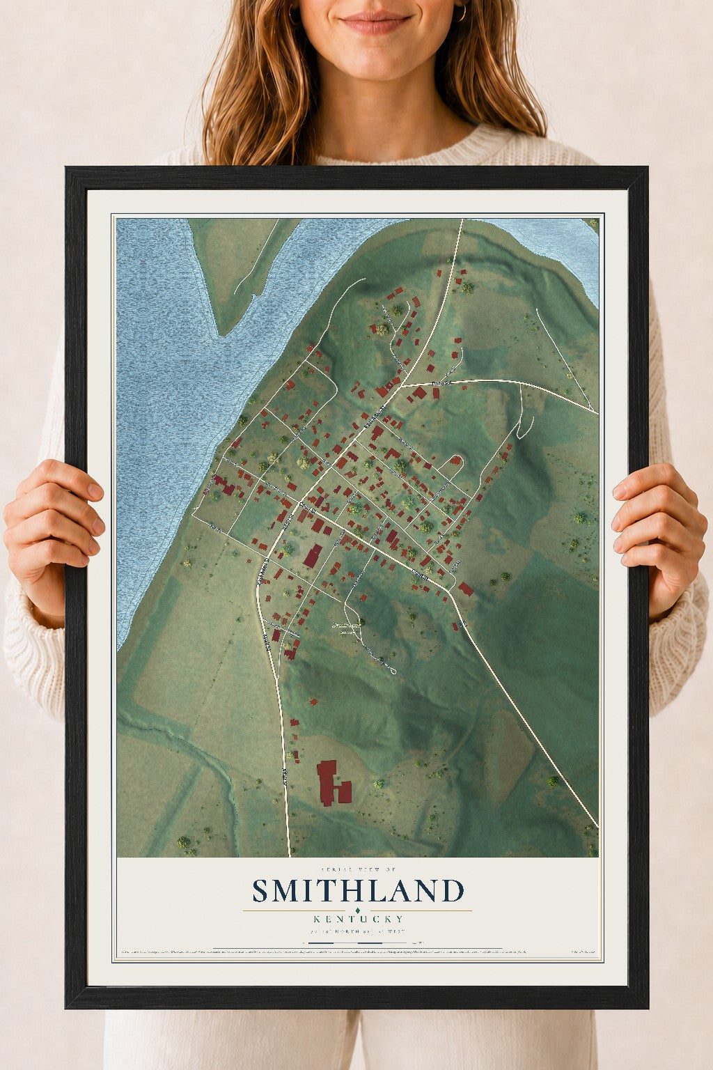 Map of Smithland, Kentucky, 18 x 24 inch print in a black wood frame