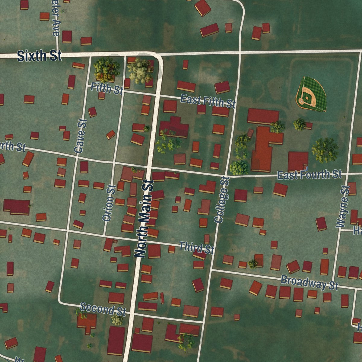 Close-up of the map of Smiths Grove, Kentucky print showing street and building detail