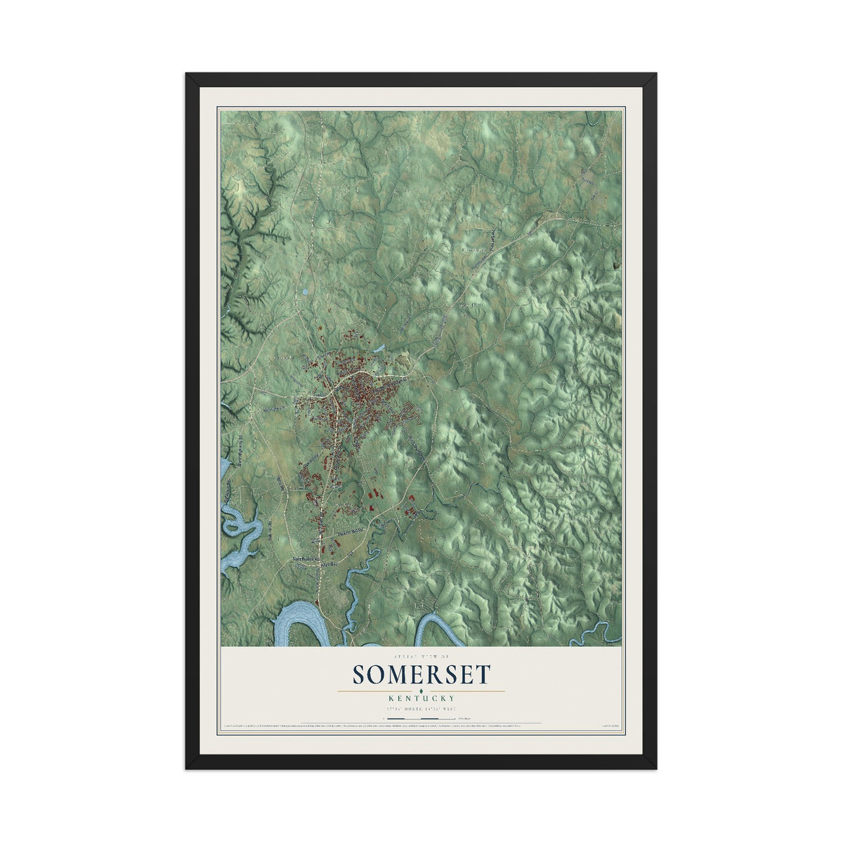 Map of Somerset, Kentucky, 12 x 18 inch print in a black wood frame
