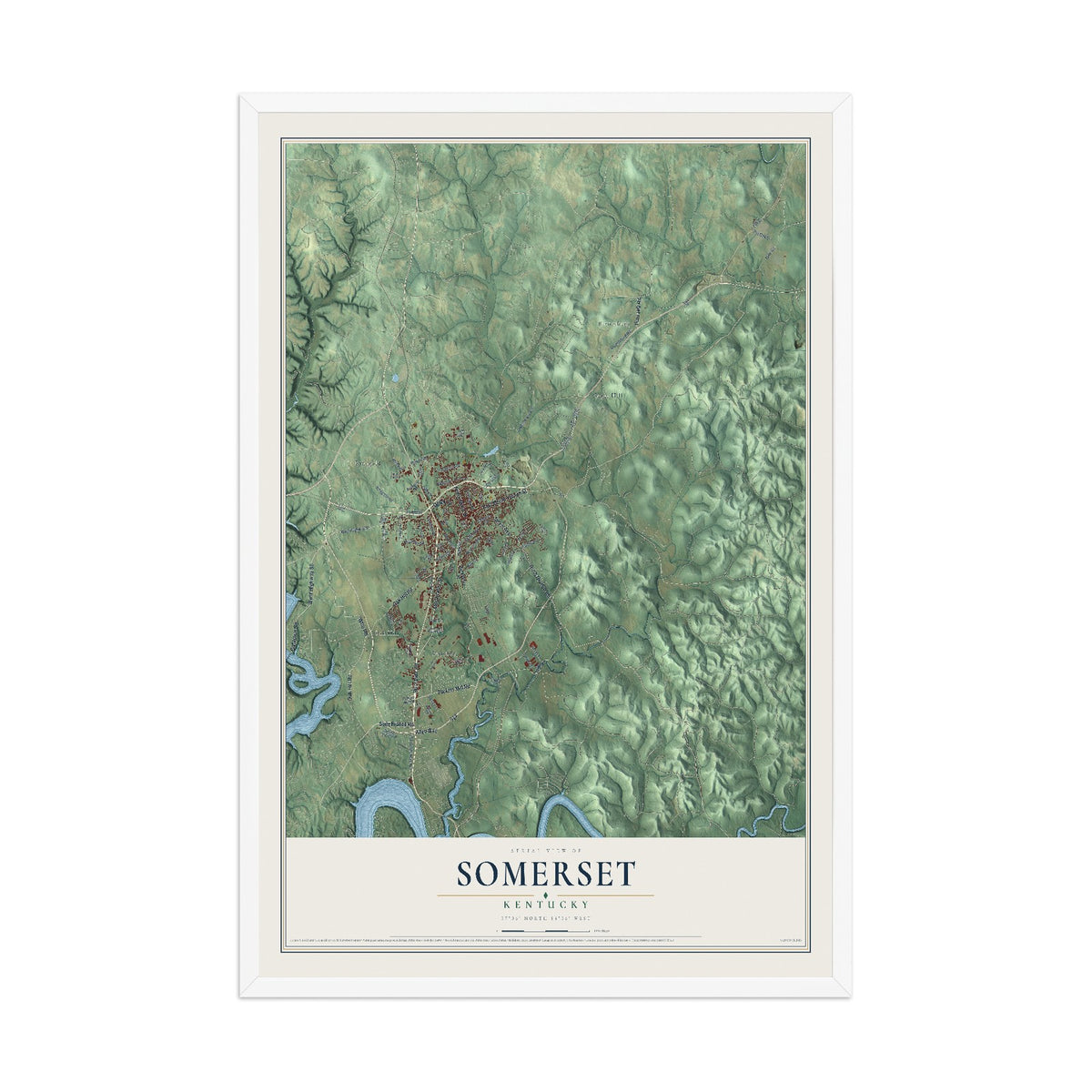 Map of Somerset, Kentucky, 12 x 18 inch print in a white wood frame