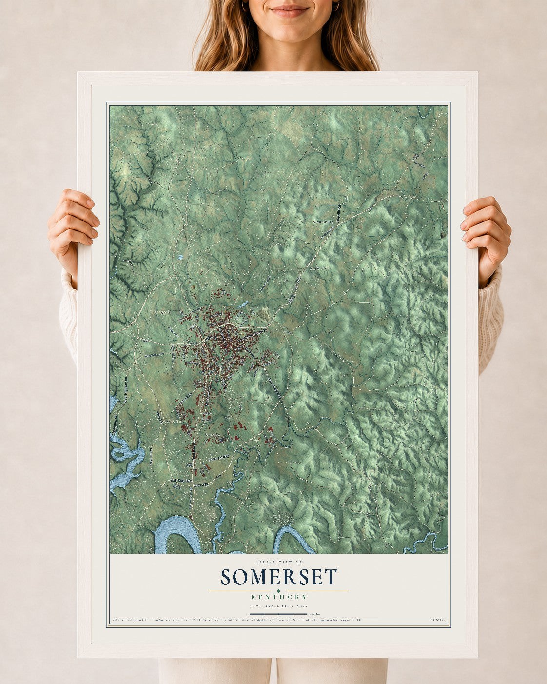 Map of Somerset, Kentucky, 24 x 36 inch print in a white wood frame