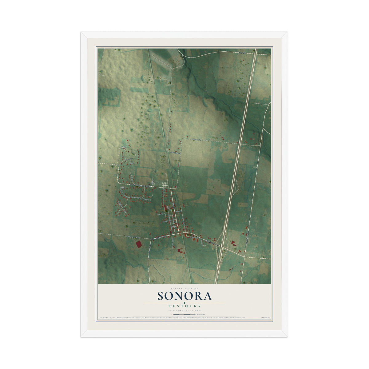 Map of Sonora, Kentucky, 12 x 18 inch print in a white wood frame
