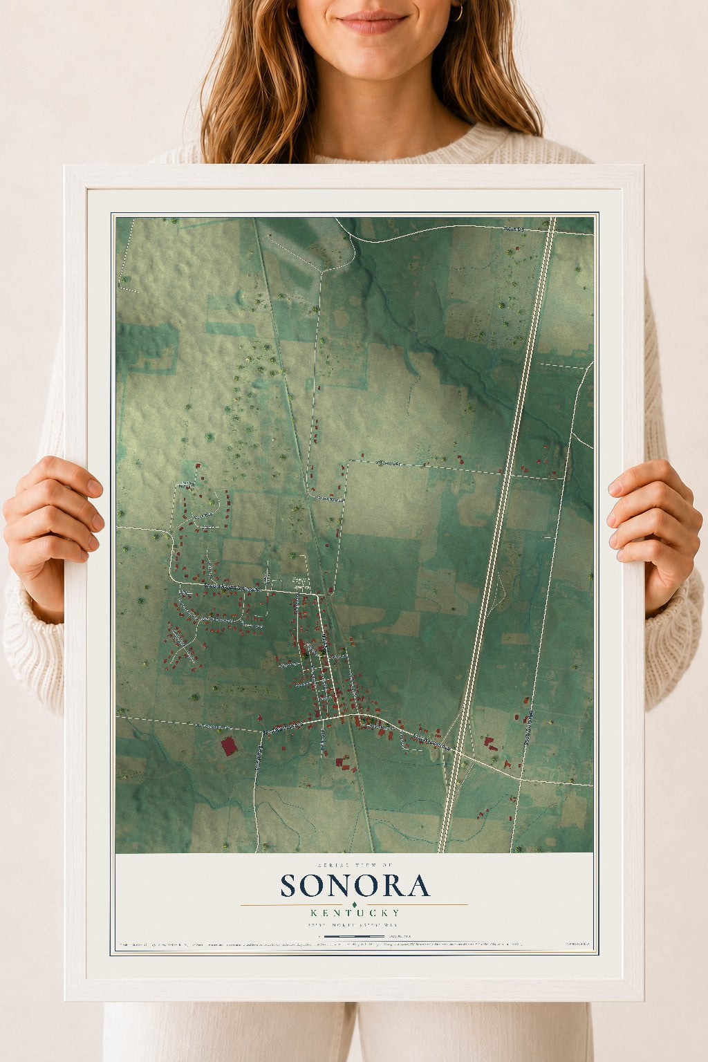 Map of Sonora, Kentucky, 18 x 24 inch print in a white wood frame