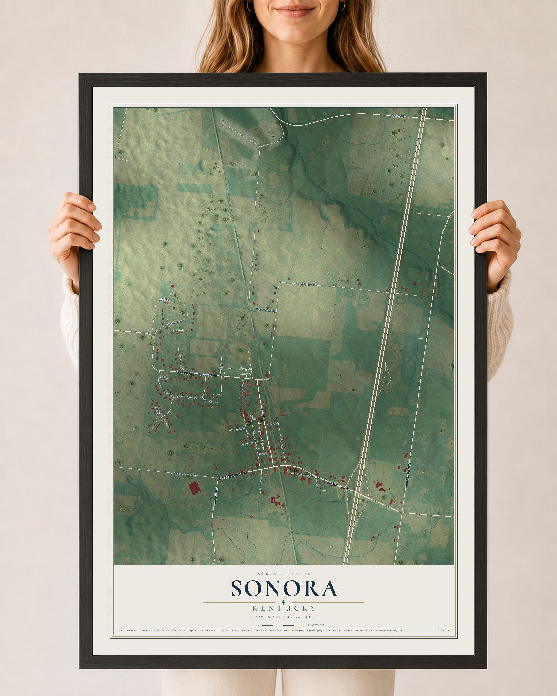 Map of Sonora, Kentucky, 24 x 36 inch print in a black wood frame