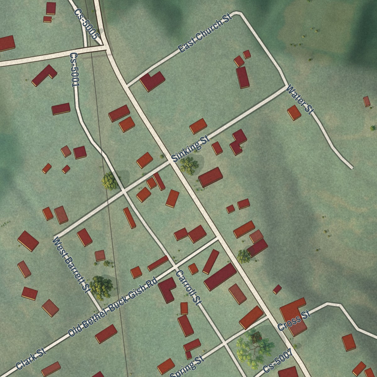 Close-up of the map of South Carrollton, Kentucky print showing street and building detail