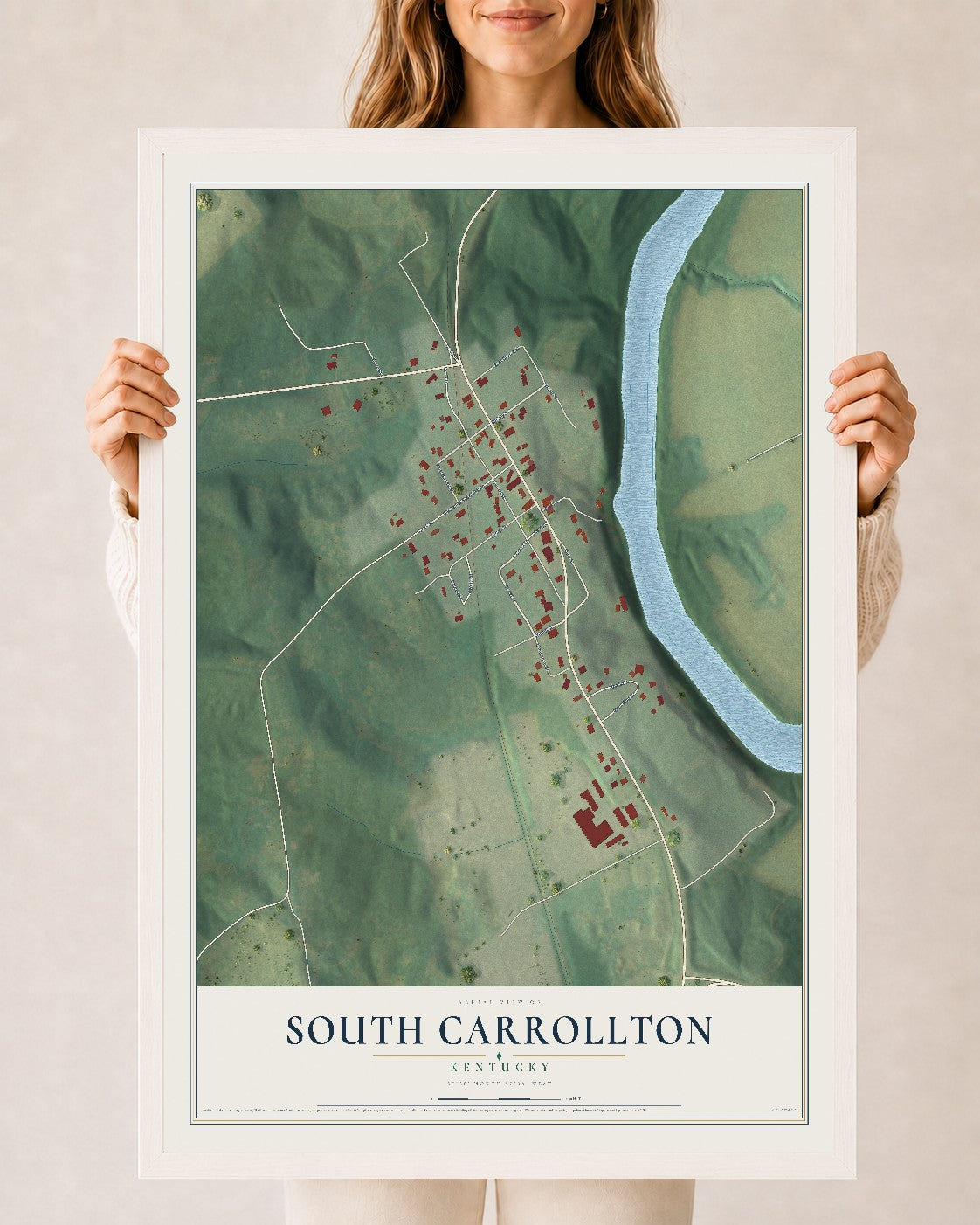 Map of South Carrollton, Kentucky, 24 x 36 inch print in a white wood frame