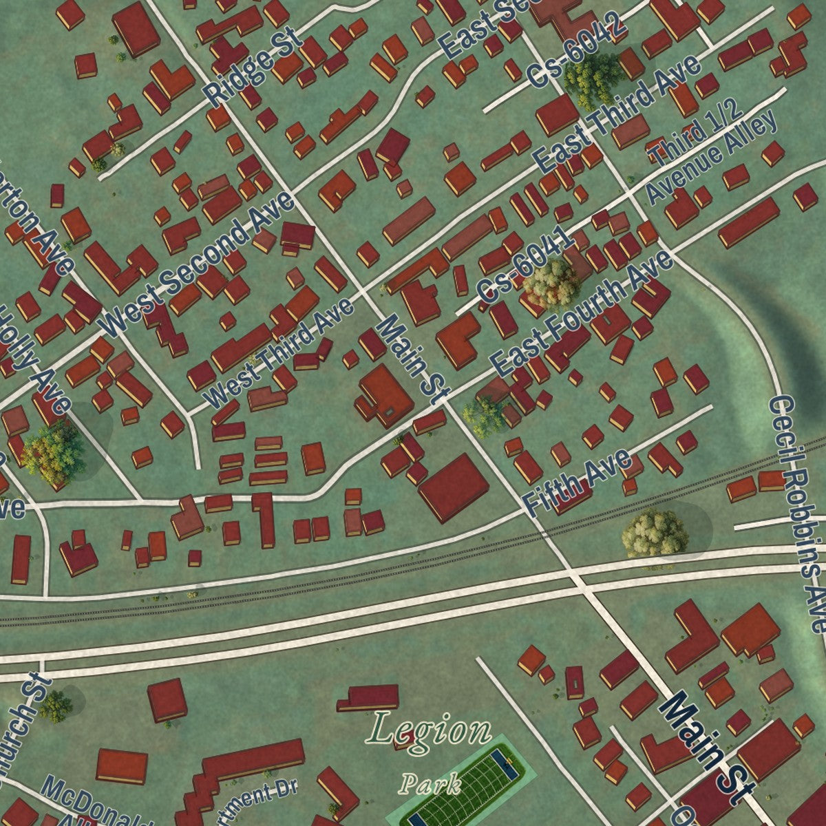 Close-up of the map of South Shore, Kentucky print showing street and building detail