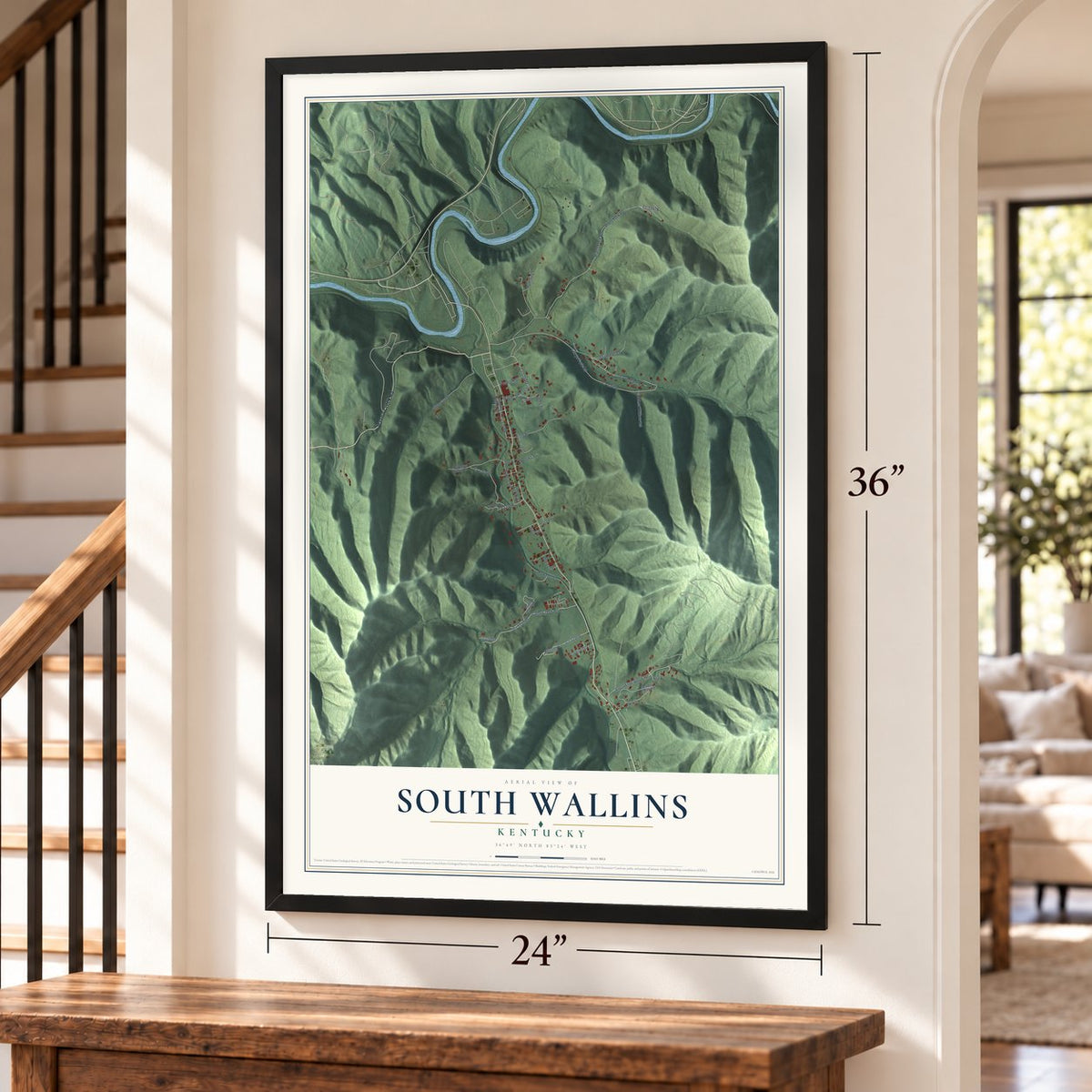 South Wallins, Kentucky map, 24 x 36 inch print in a black frame by a staircase