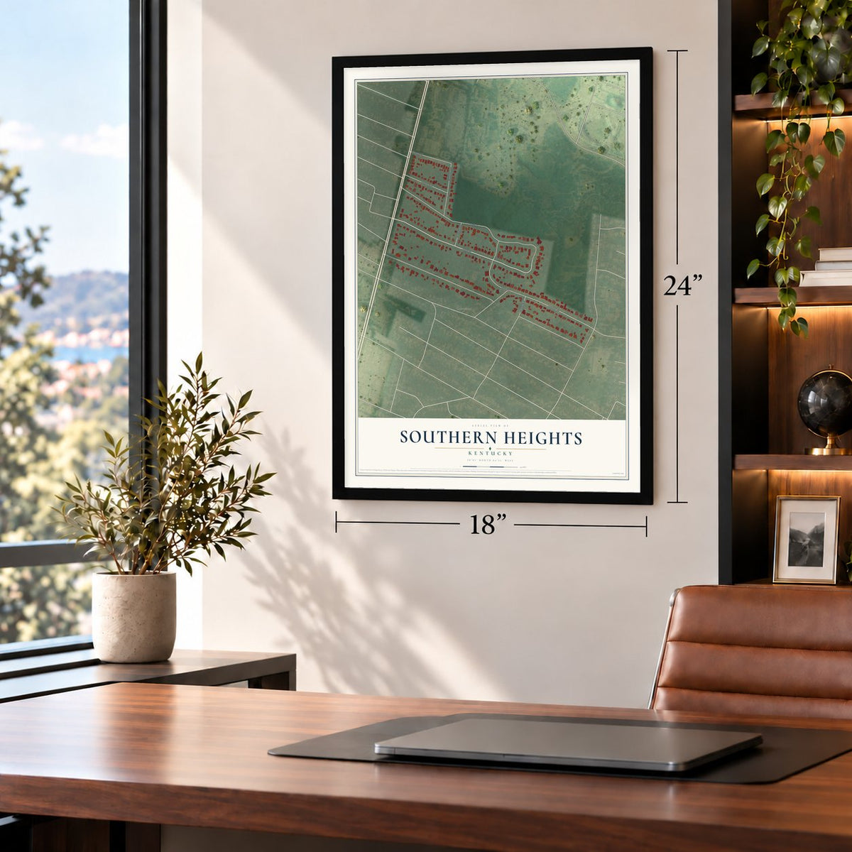 Southern Heights, Kentucky map, 18 x 24 inch print in a black frame in a home office