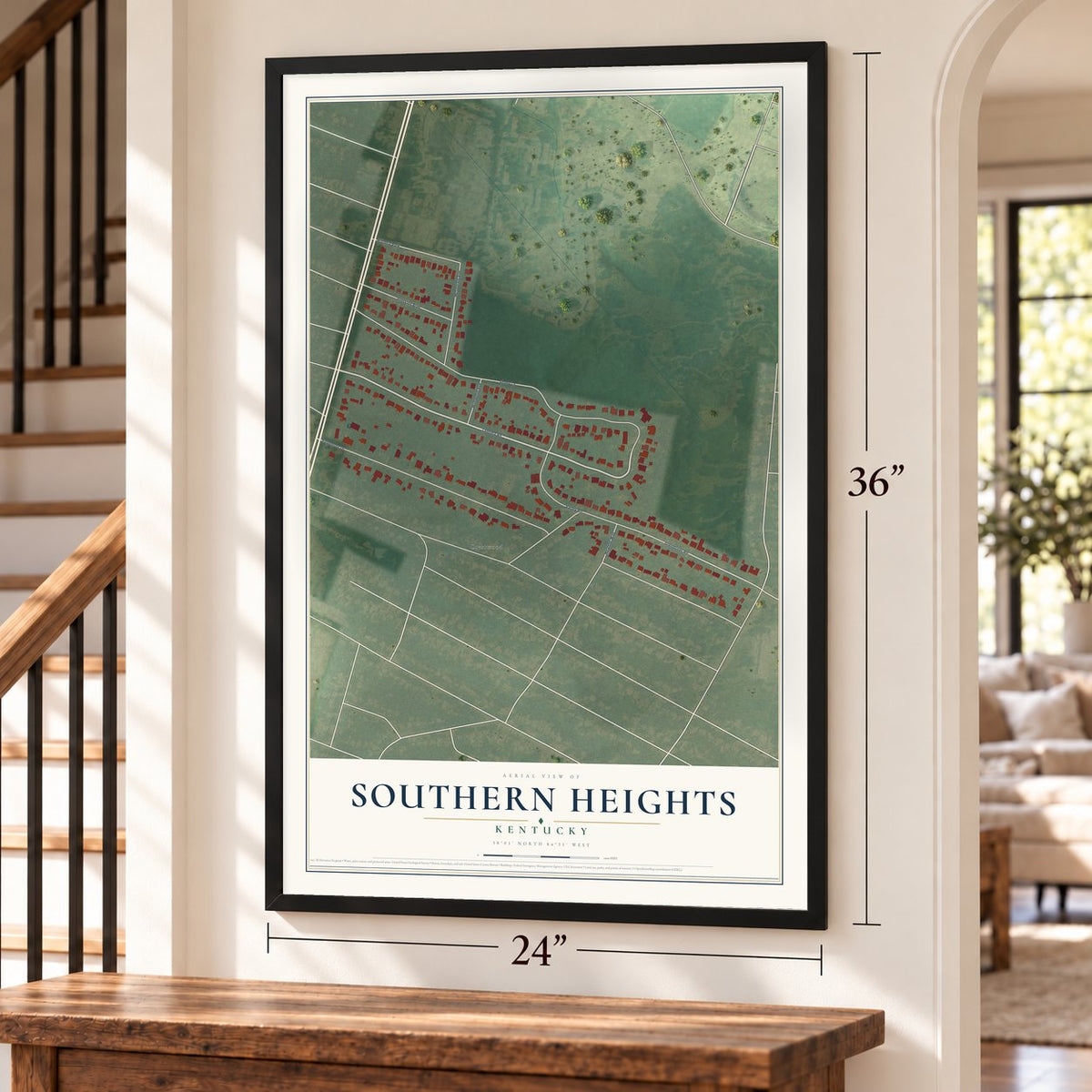 Southern Heights, Kentucky map, 24 x 36 inch print in a black frame by a staircase