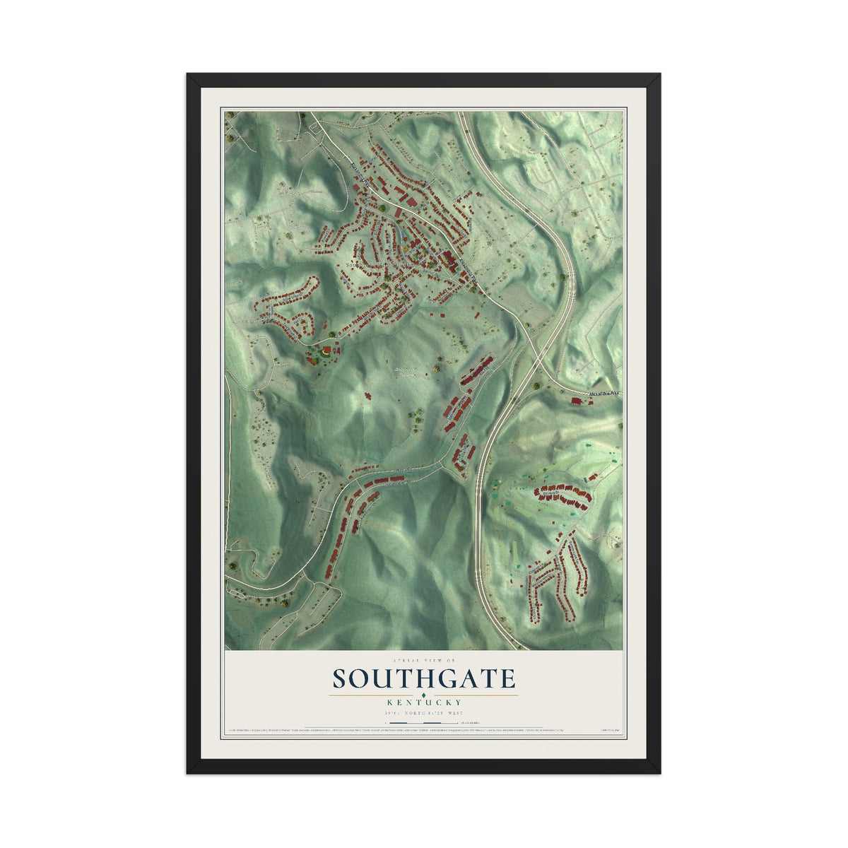 Map of Southgate, Kentucky, 12 x 18 inch print in a black wood frame