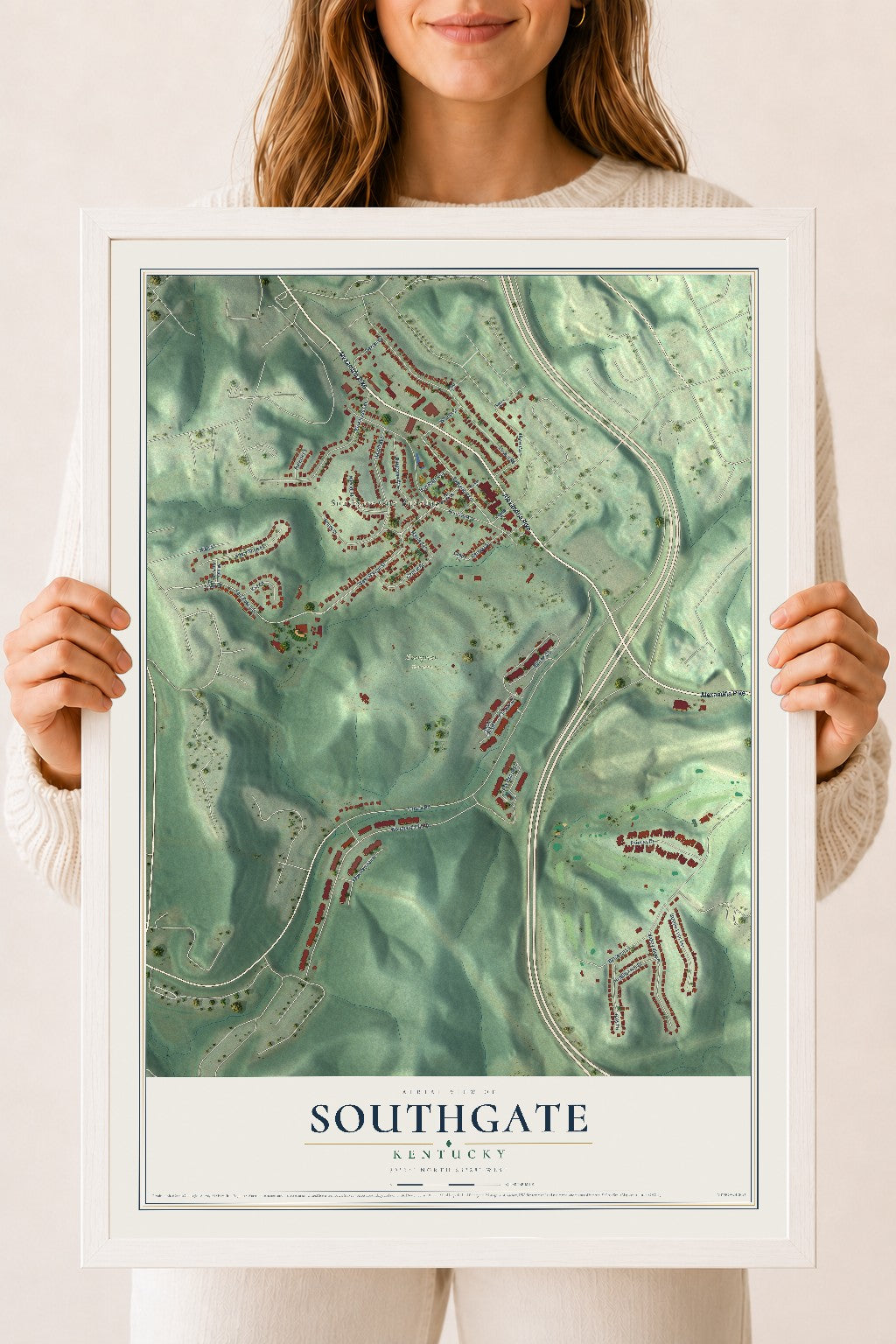 Map of Southgate, Kentucky, 18 x 24 inch print in a white wood frame