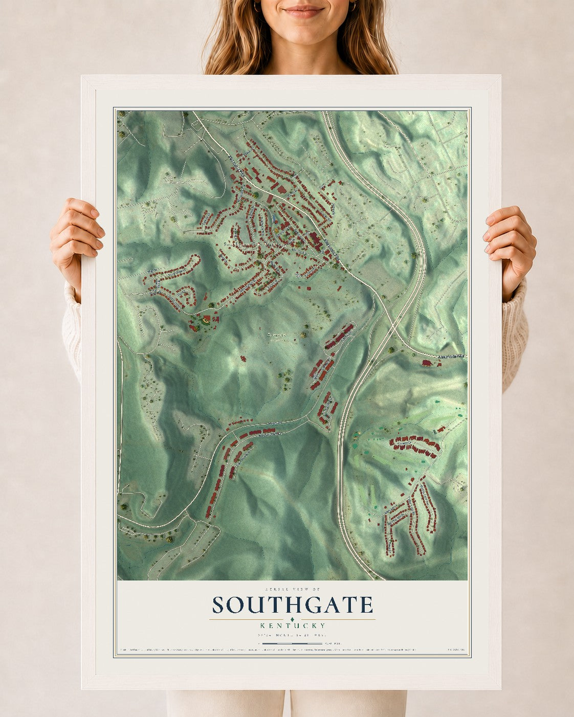 Map of Southgate, Kentucky, 24 x 36 inch print in a white wood frame