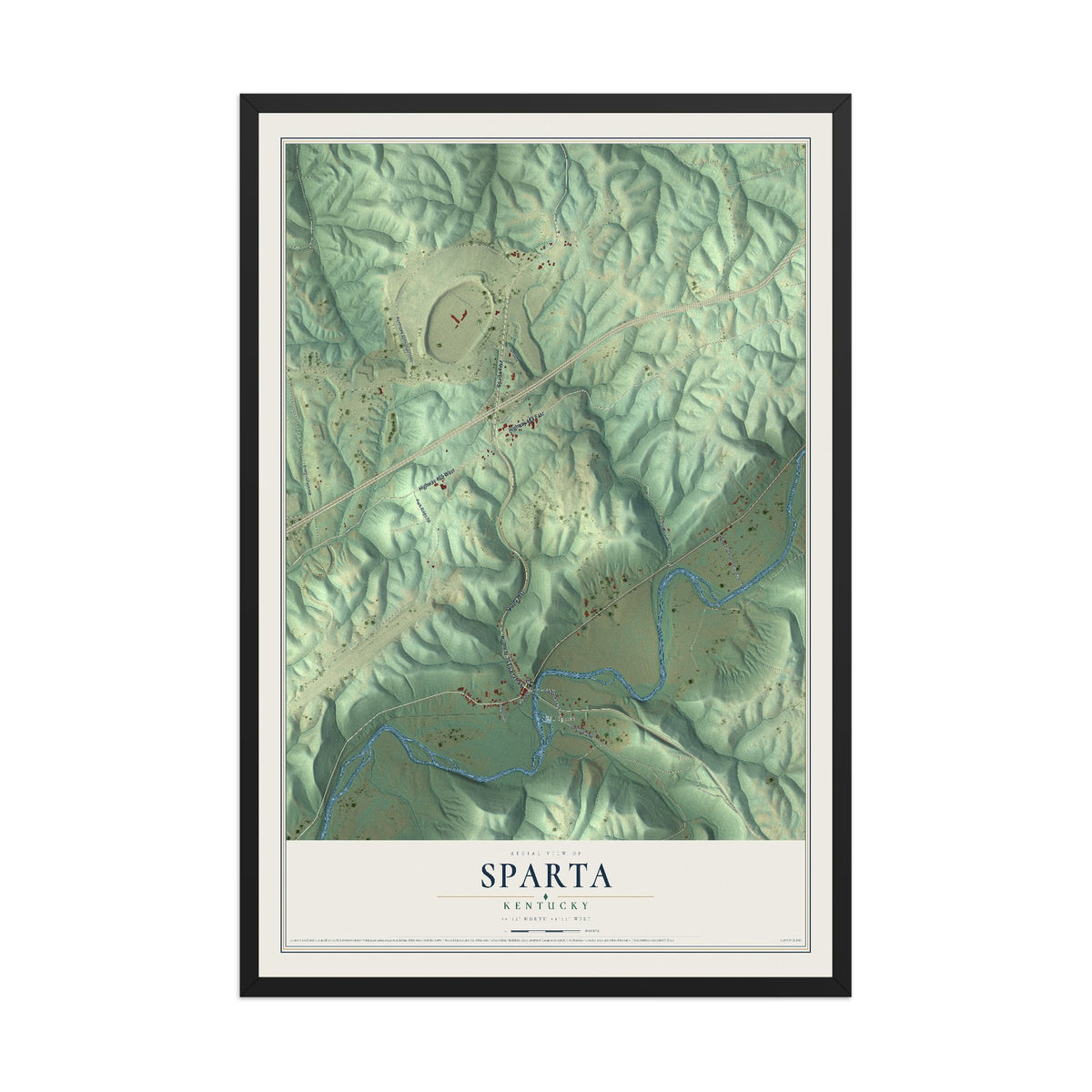 Map of Sparta, Kentucky, 12 x 18 inch print in a black wood frame