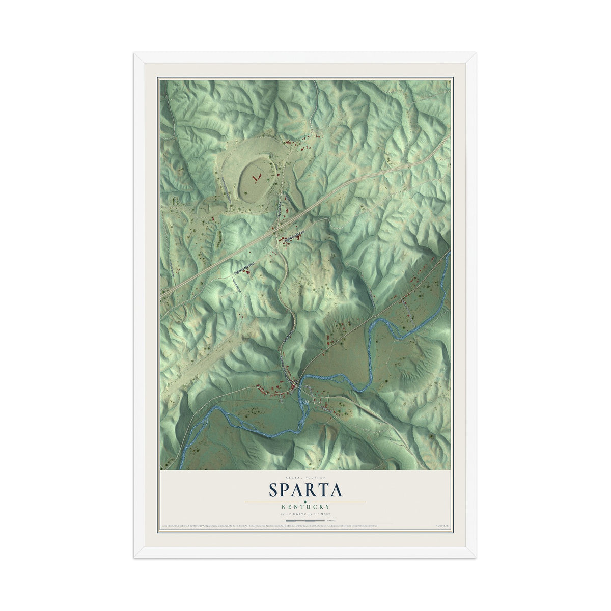 Map of Sparta, Kentucky, 12 x 18 inch print in a white wood frame