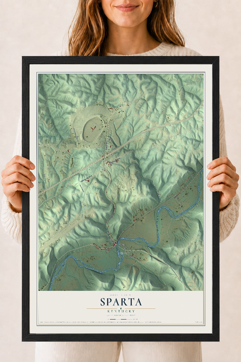 Map of Sparta, Kentucky, 18 x 24 inch print in a black wood frame