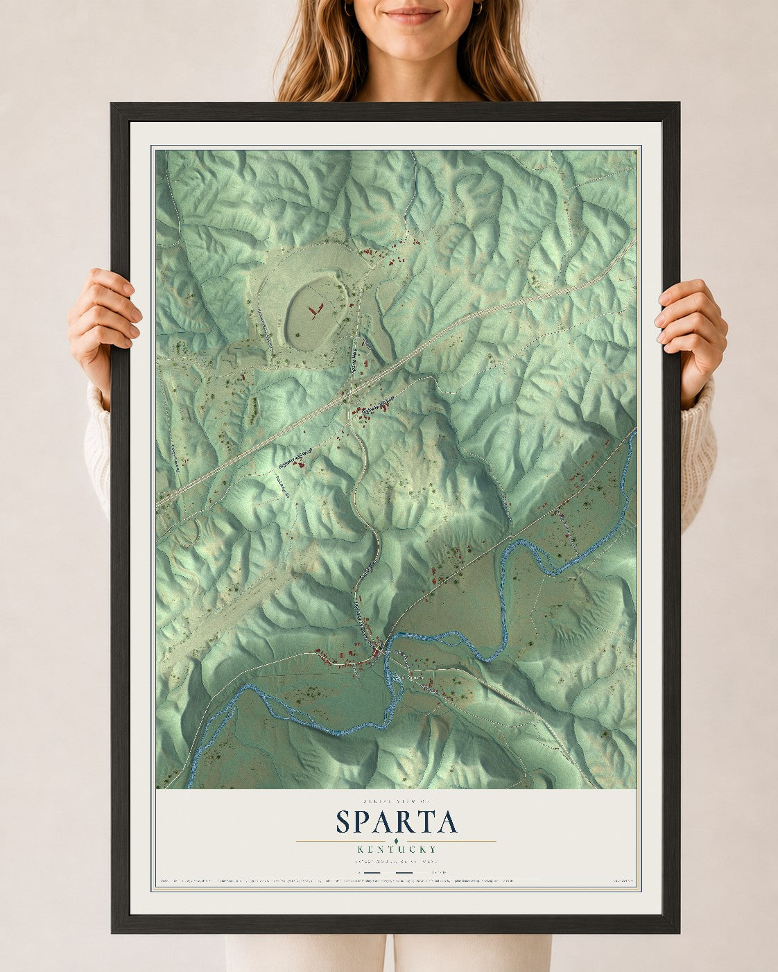 Map of Sparta, Kentucky, 24 x 36 inch print in a black wood frame