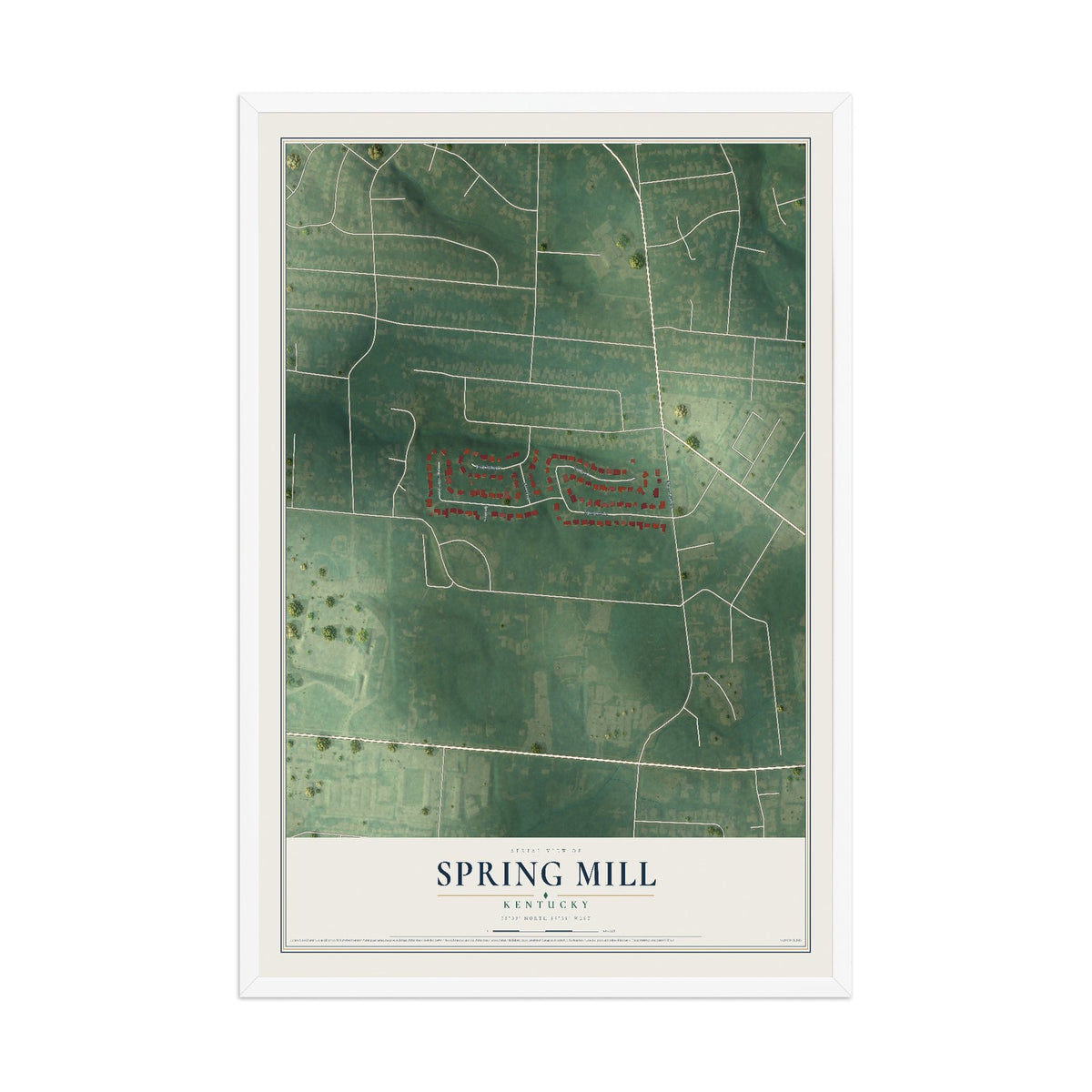 Map of Spring Mill, Kentucky, 12 x 18 inch print in a white wood frame