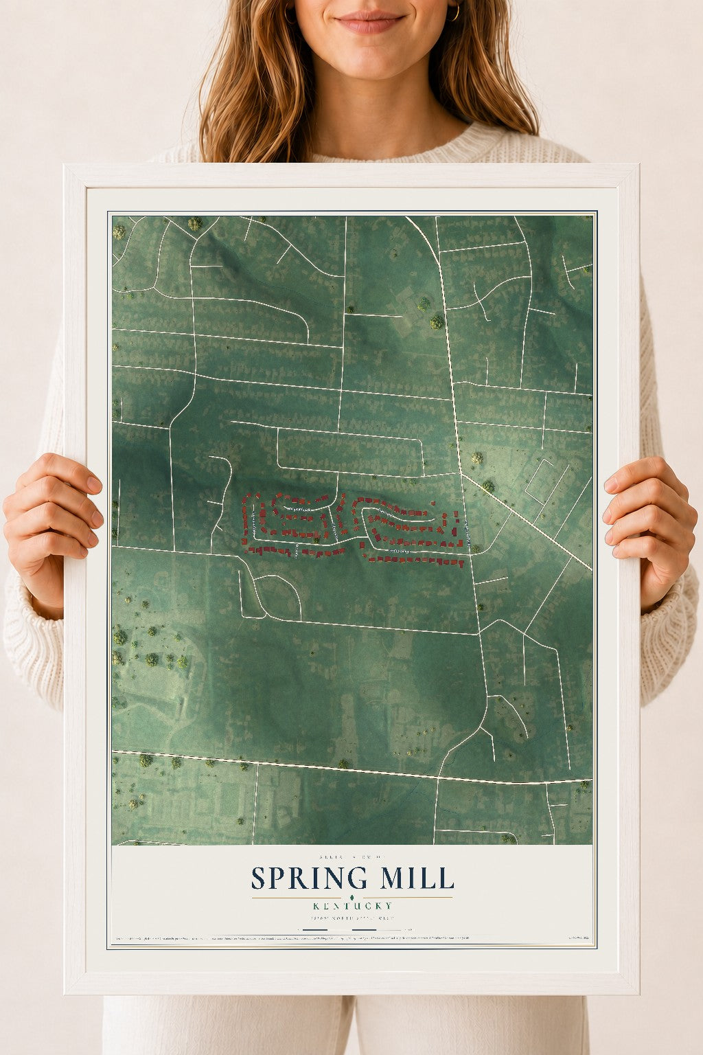 Map of Spring Mill, Kentucky, 18 x 24 inch print in a white wood frame