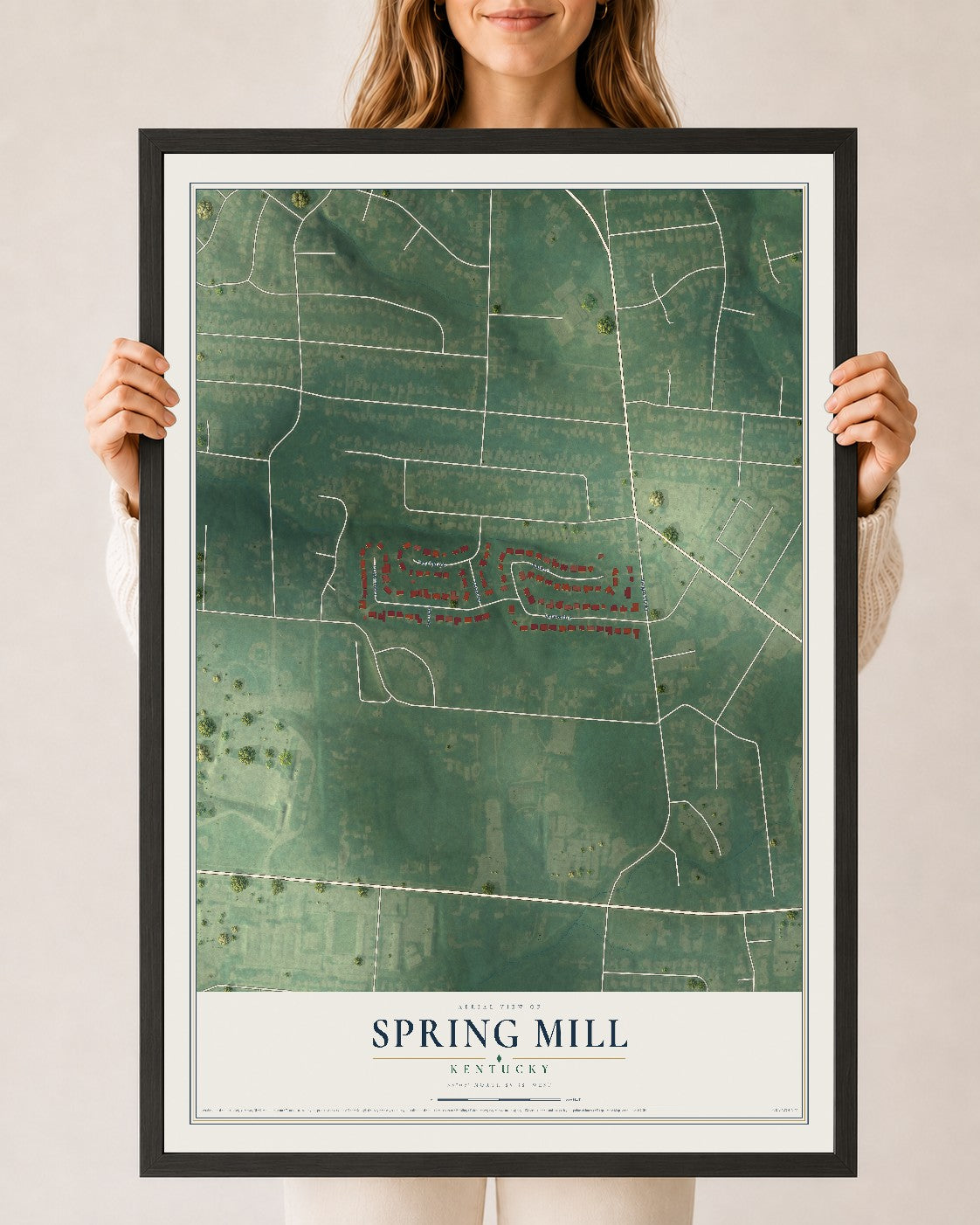 Map of Spring Mill, Kentucky, 24 x 36 inch print in a black wood frame