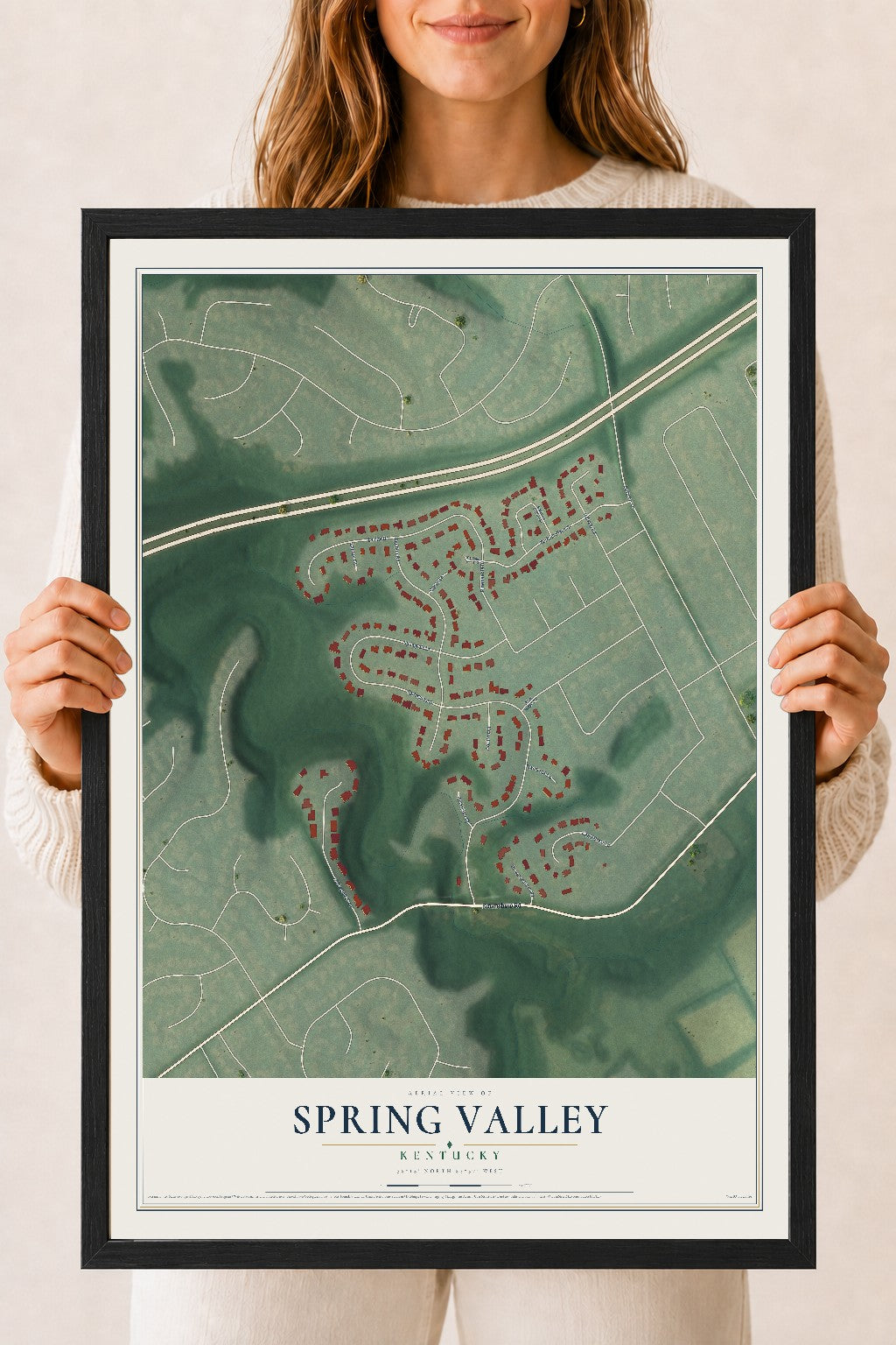 Map of Spring Valley, Kentucky, 18 x 24 inch print in a black wood frame
