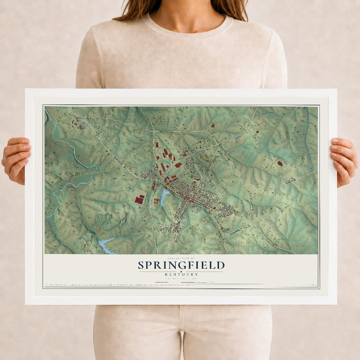 Map of Springfield, Kentucky, 12 x 18 inch print in a white wood frame