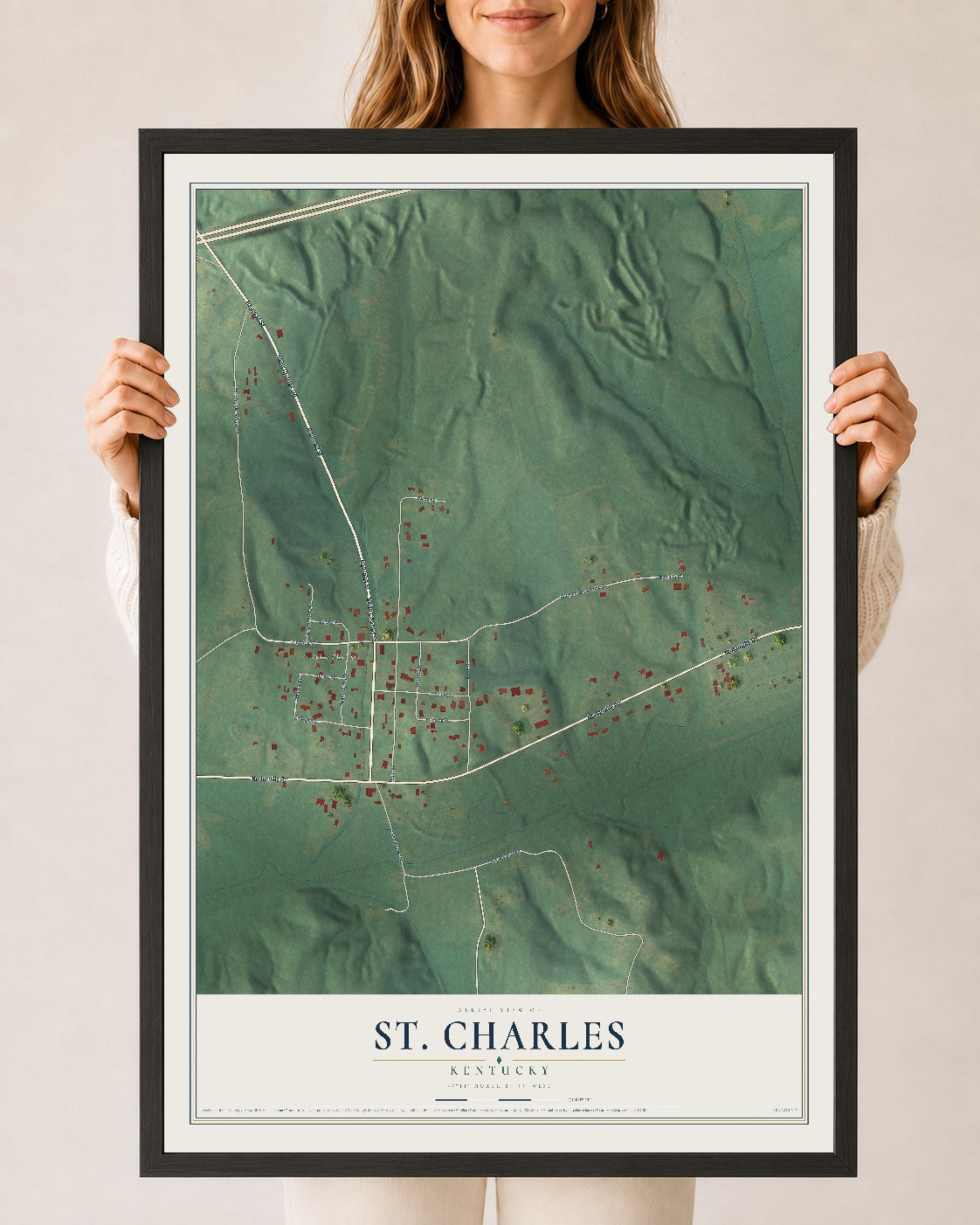 Map of St. Charles, Kentucky, 24 x 36 inch print in a black wood frame