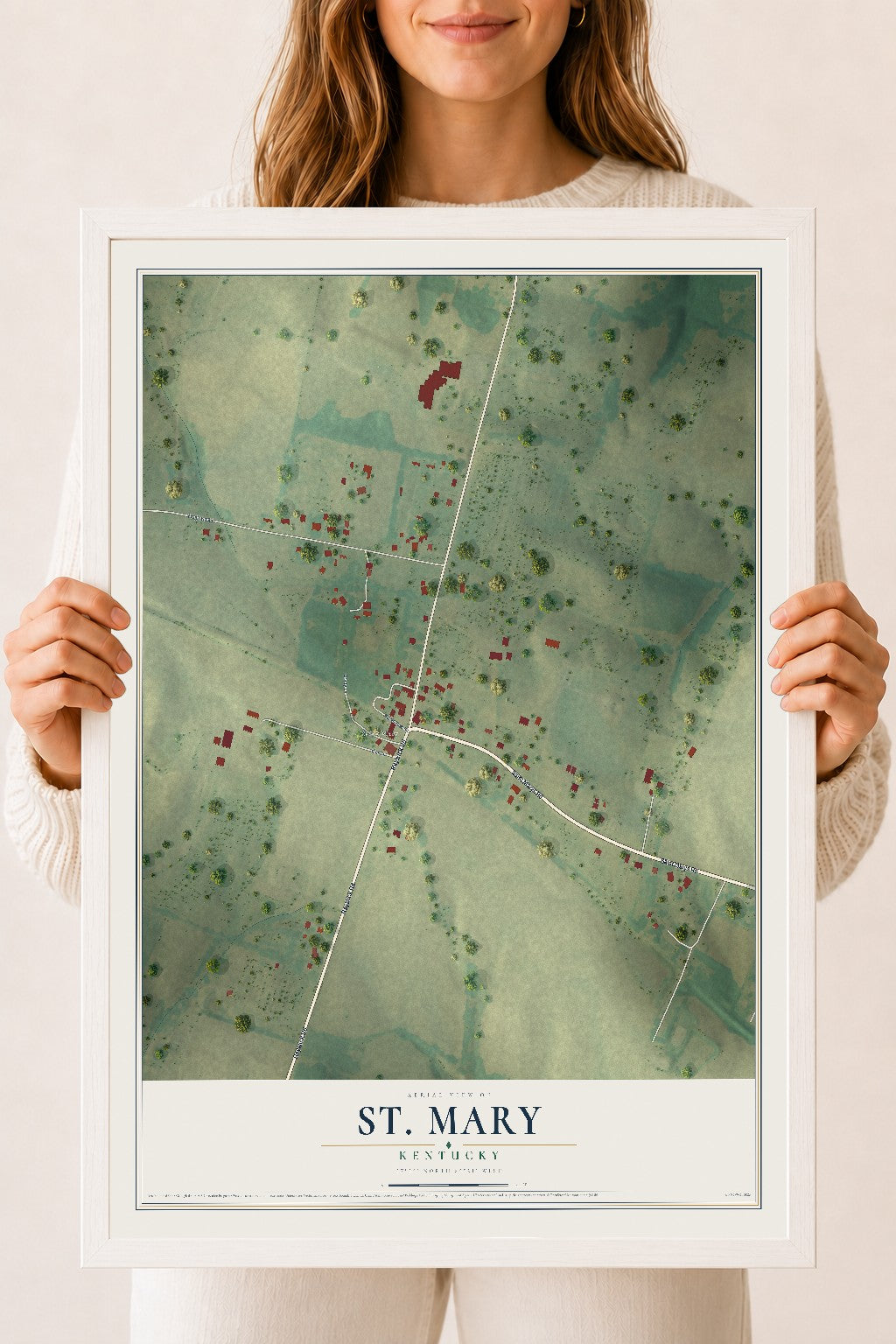 Map of St. Mary, Kentucky, 18 x 24 inch print in a white wood frame