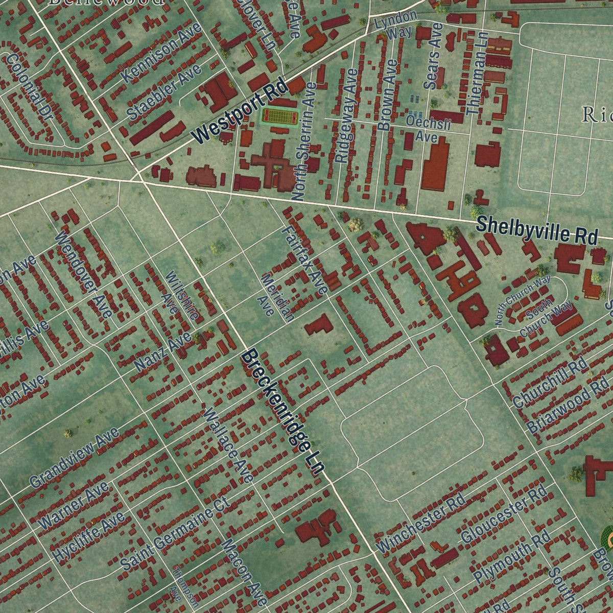 Close-up of the map of St. Matthews, Kentucky print showing street and building detail