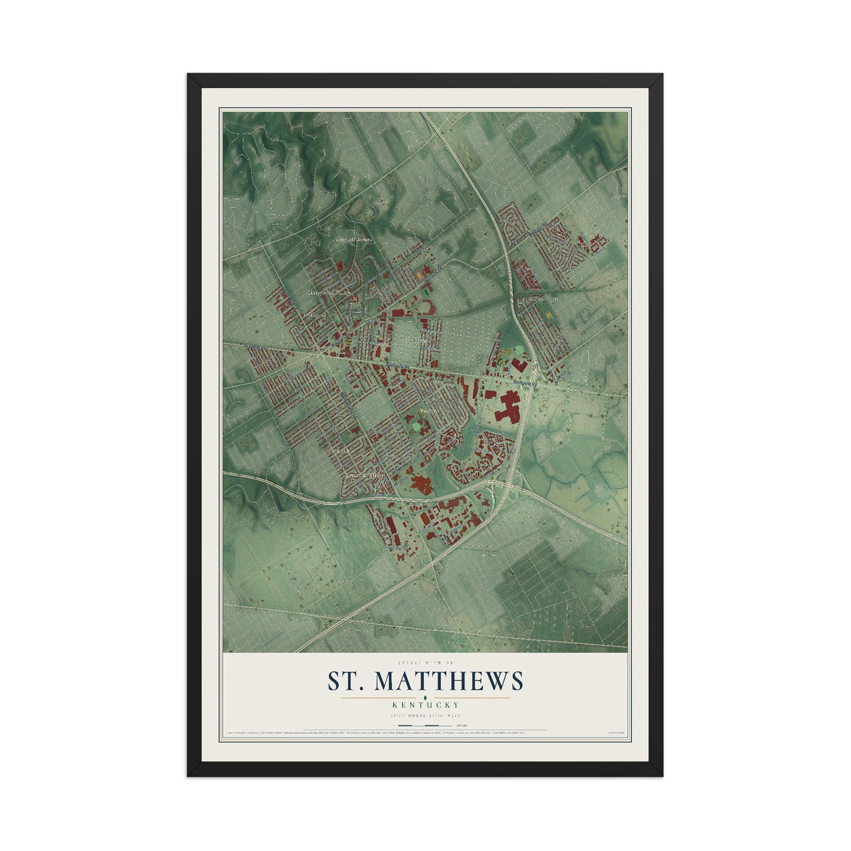 Map of St. Matthews, Kentucky, 12 x 18 inch print in a black wood frame
