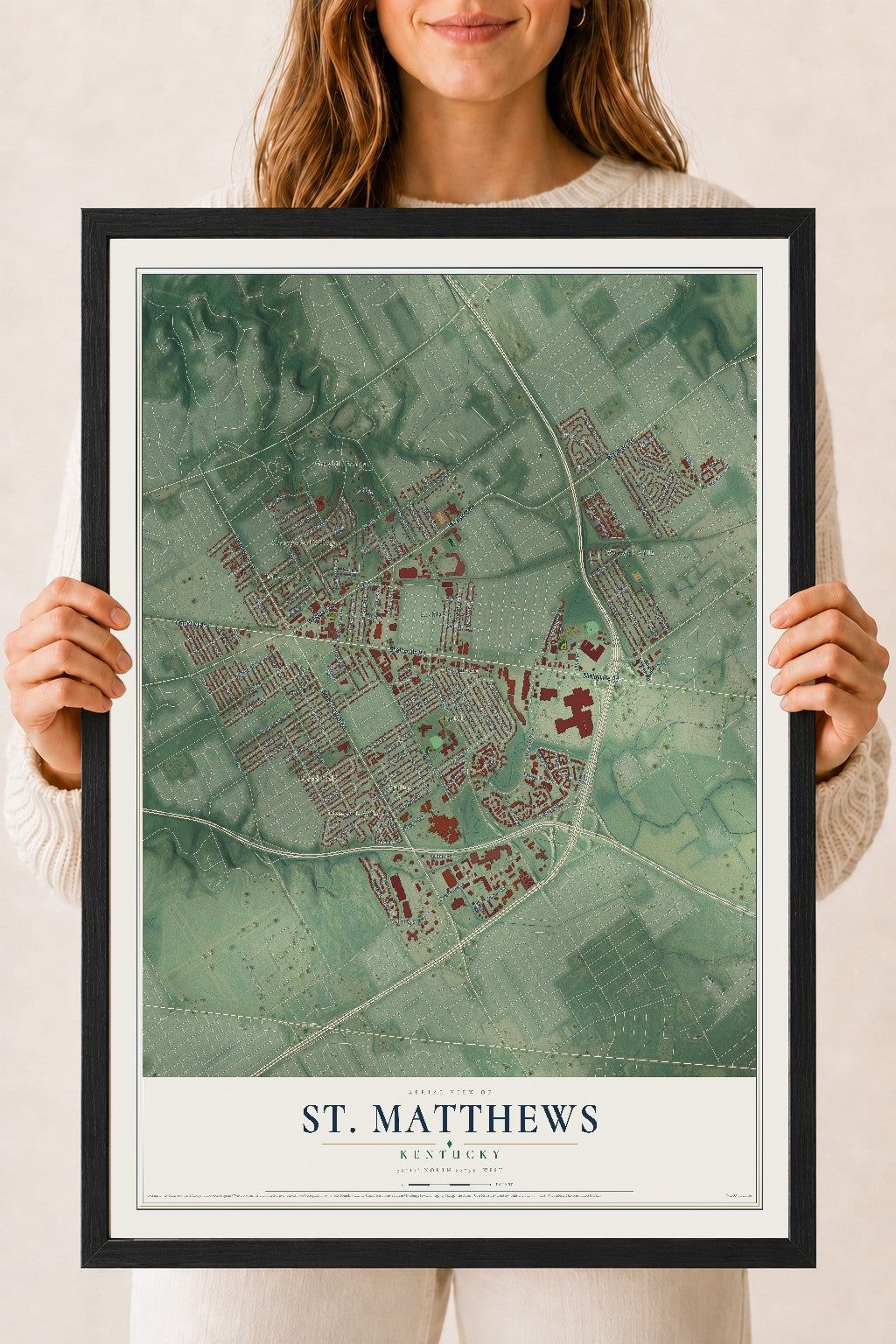 Map of St. Matthews, Kentucky, 18 x 24 inch print in a black wood frame