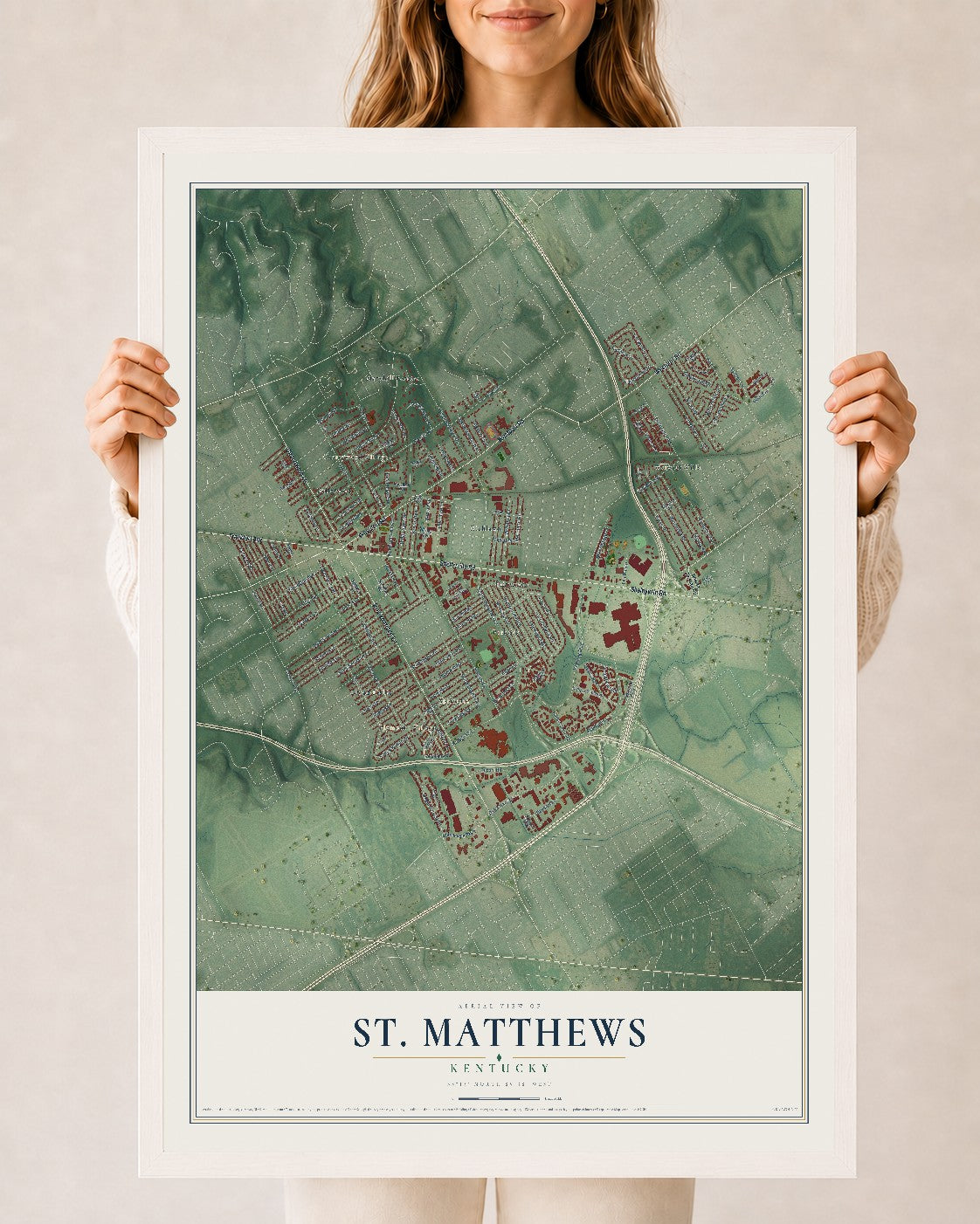 Map of St. Matthews, Kentucky, 24 x 36 inch print in a white wood frame