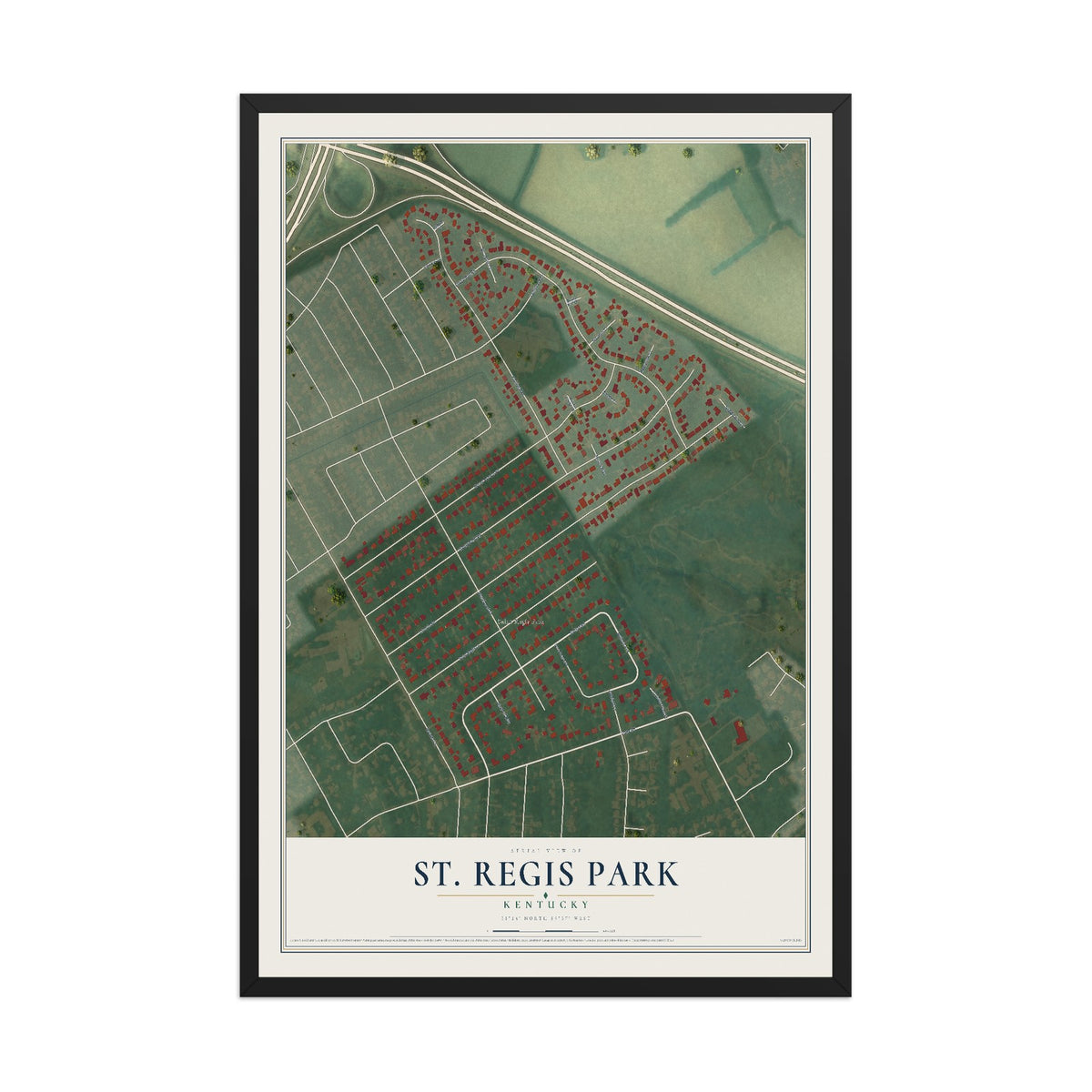 Map of St. Regis Park, Kentucky, 12 x 18 inch print in a black wood frame