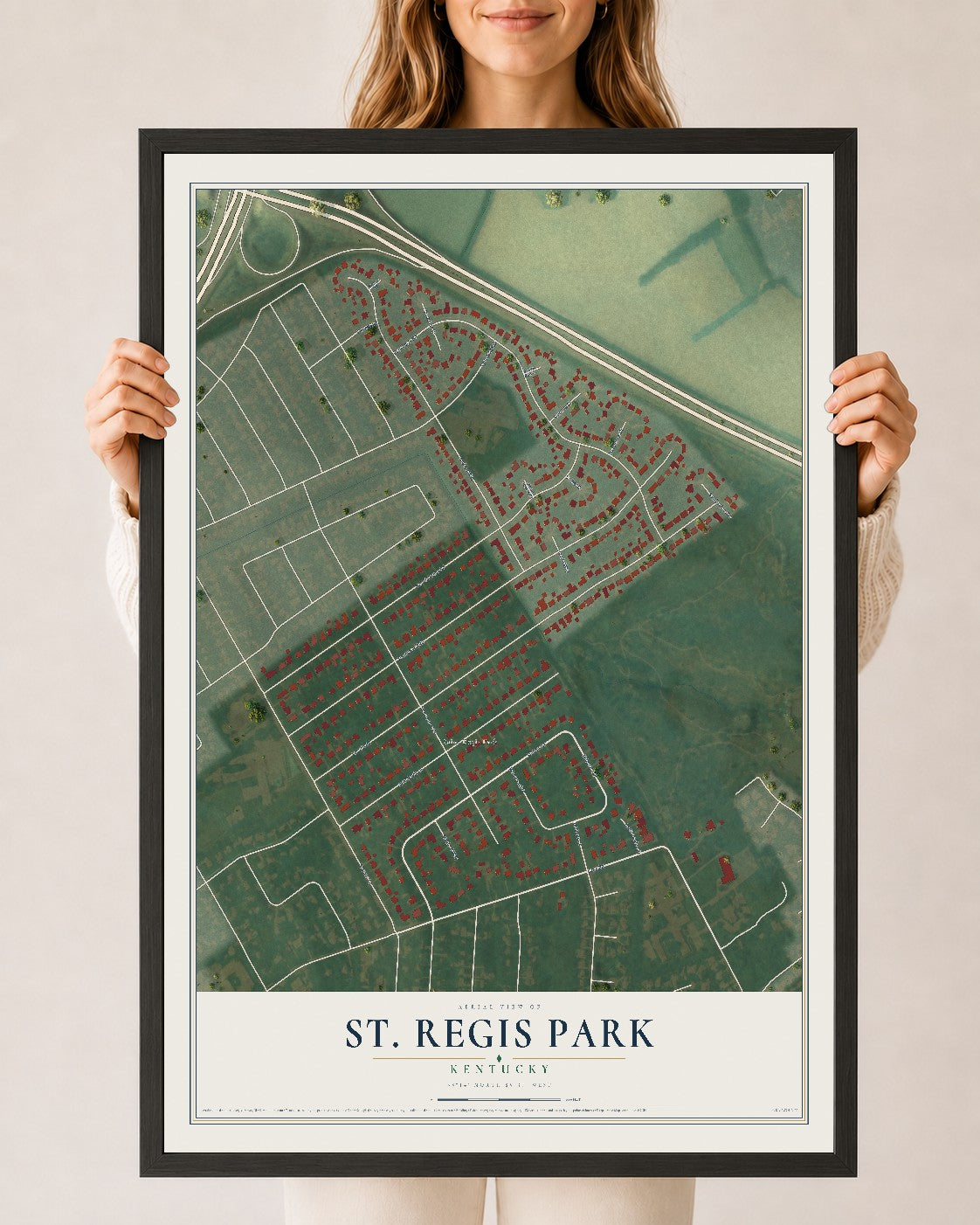 Map of St. Regis Park, Kentucky, 24 x 36 inch print in a black wood frame