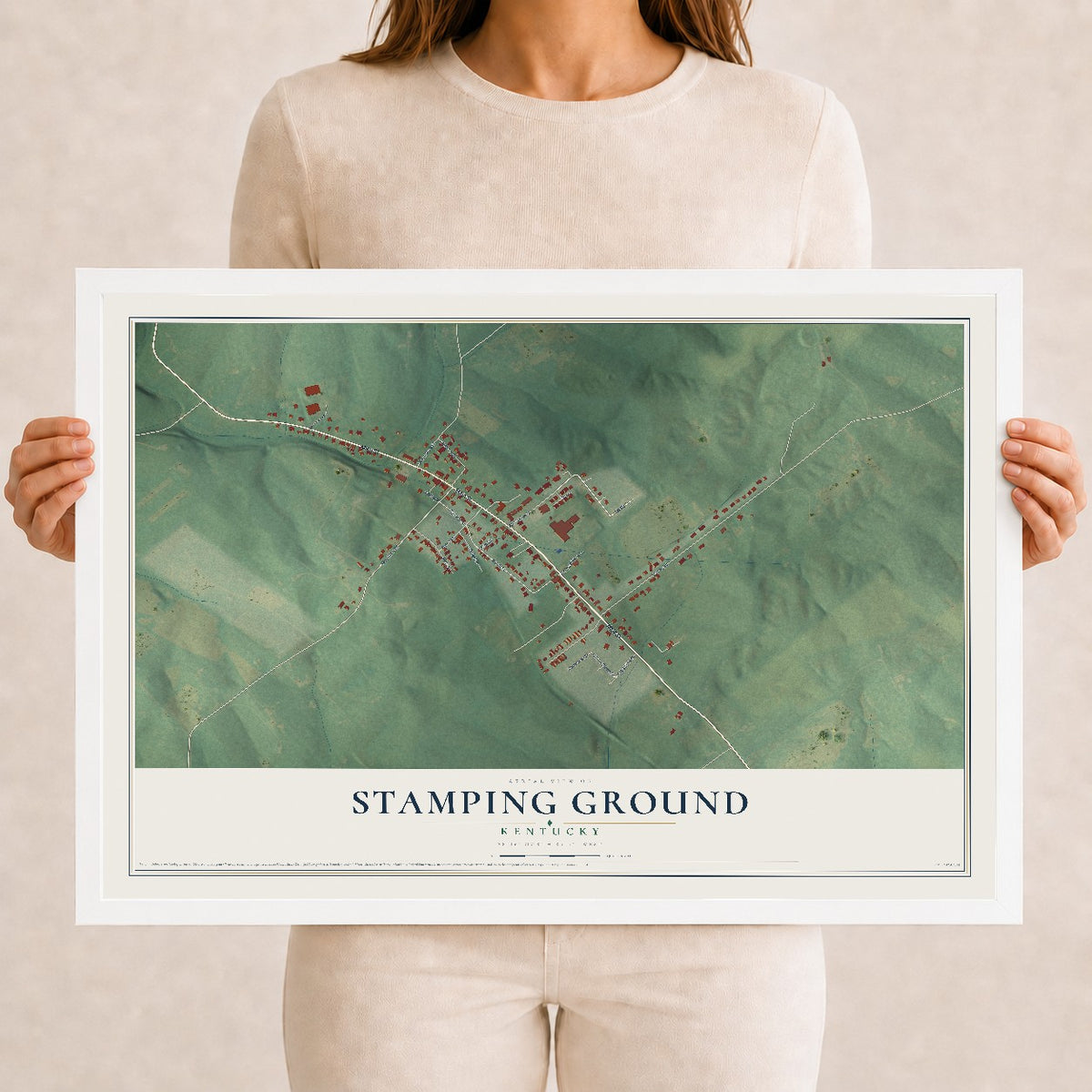 Map of Stamping Ground, Kentucky, 12 x 18 inch print in a white wood frame