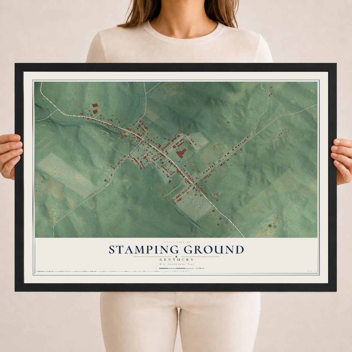 Map of Stamping Ground, Kentucky, 18 x 24 inch print in a black wood frame