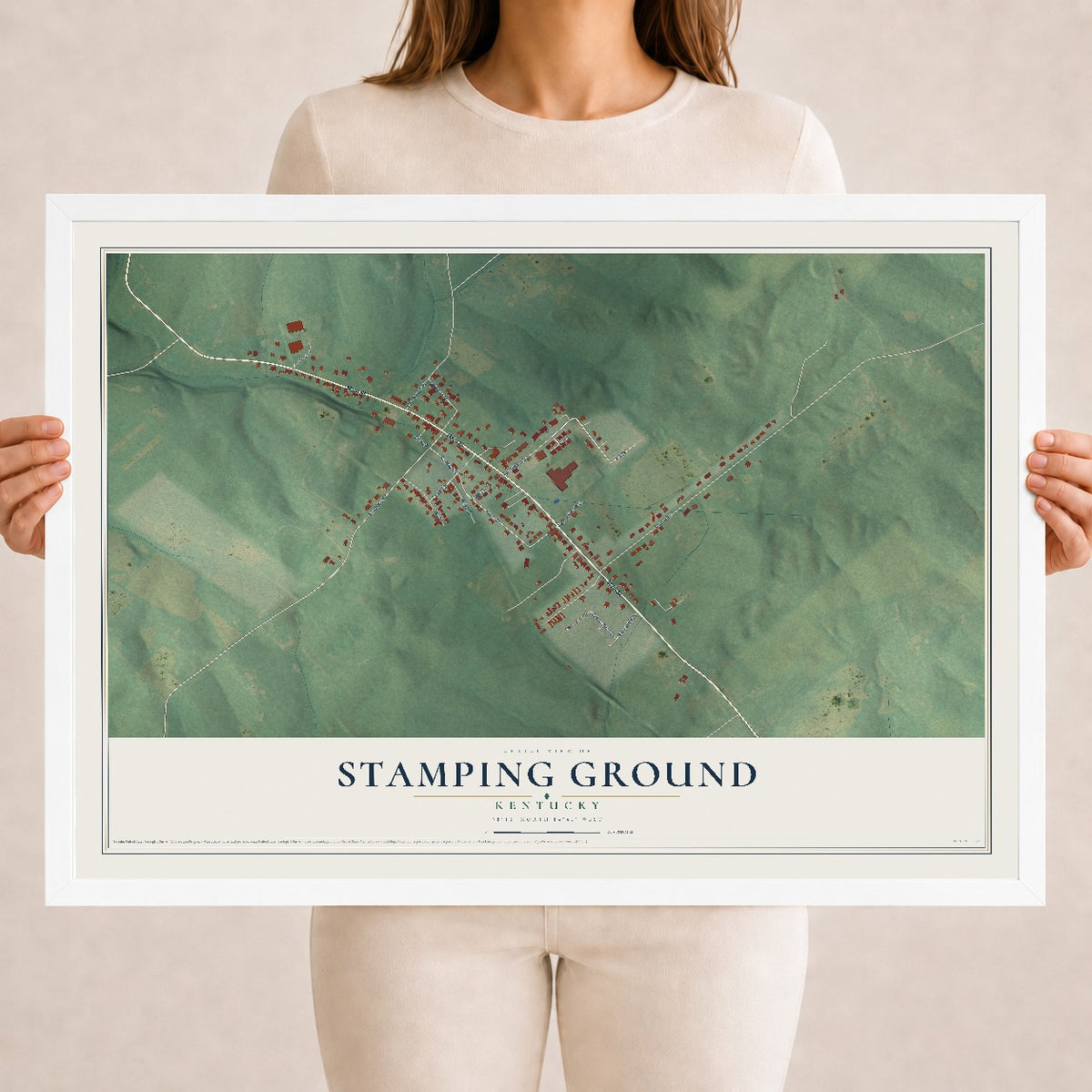 Map of Stamping Ground, Kentucky, 18 x 24 inch print in a white wood frame