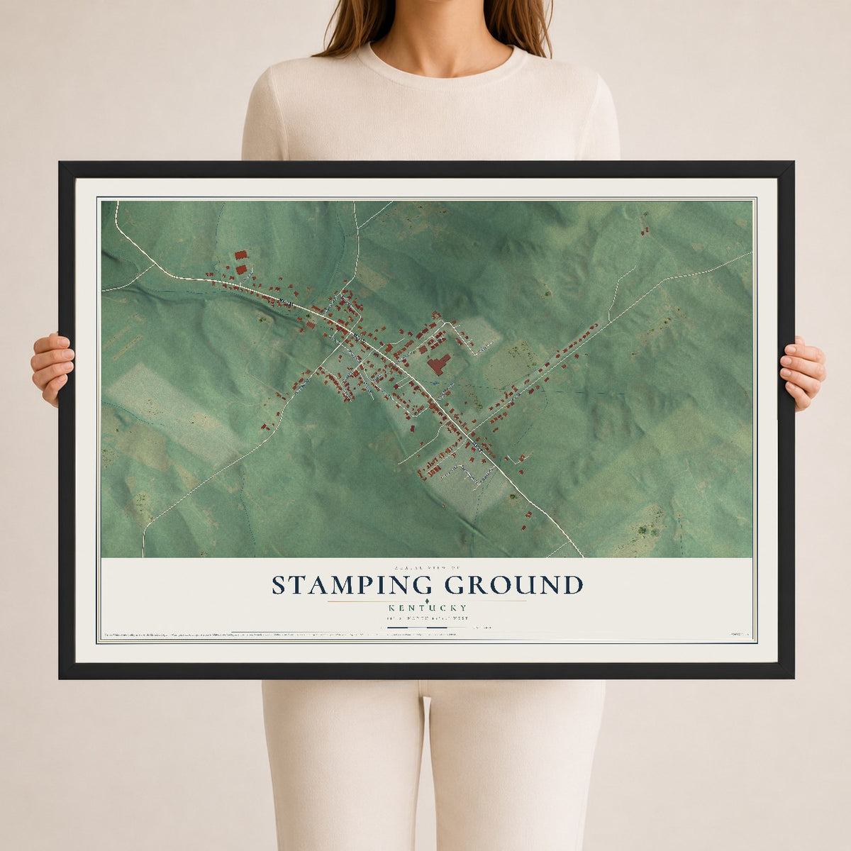 Map of Stamping Ground, Kentucky, 24 x 36 inch print in a black wood frame