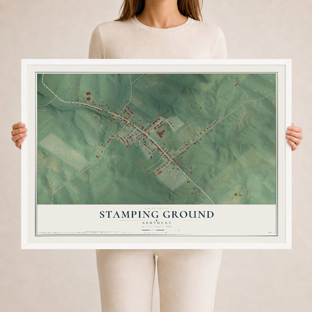 Map of Stamping Ground, Kentucky, 24 x 36 inch print in a white wood frame