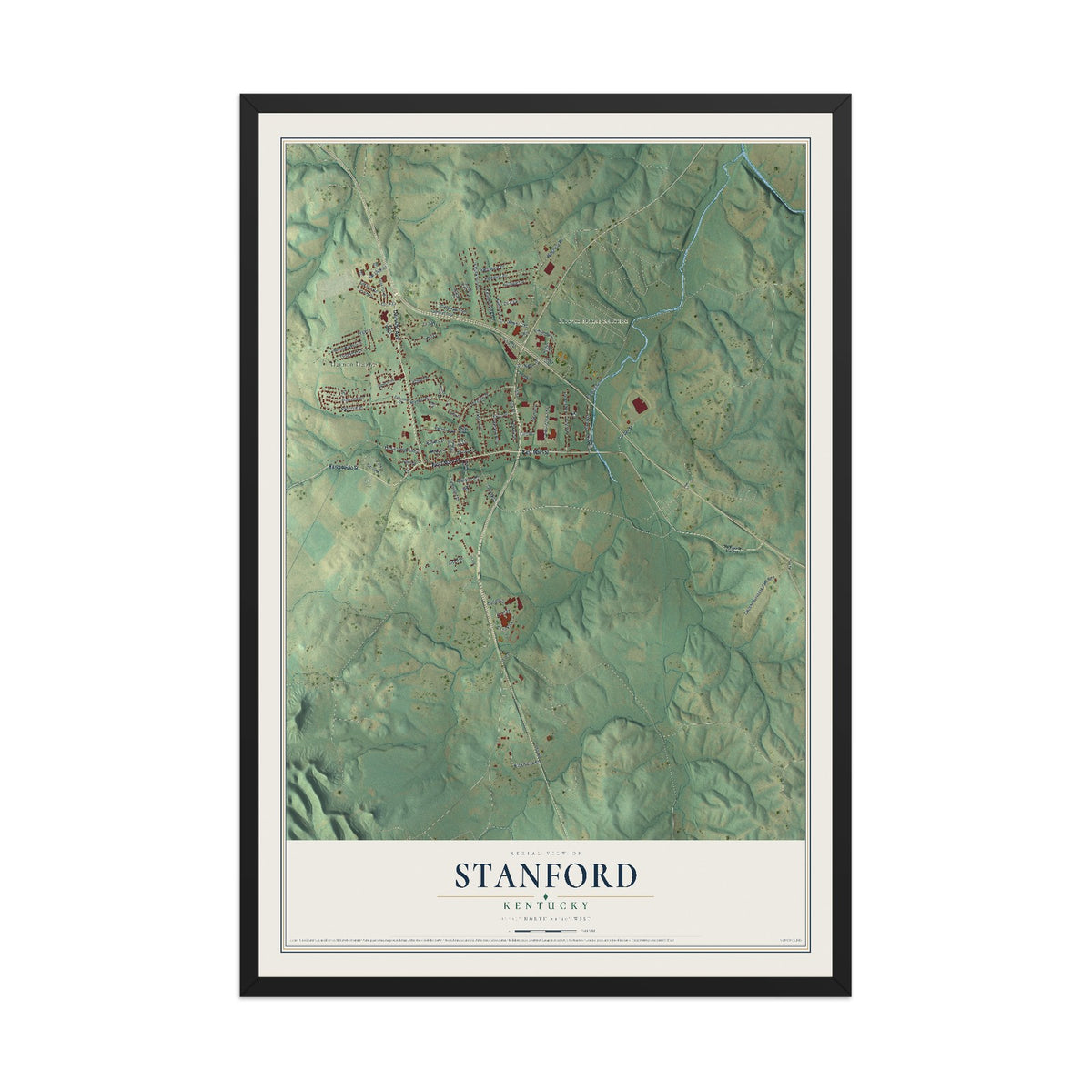 Map of Stanford, Kentucky, 12 x 18 inch print in a black wood frame