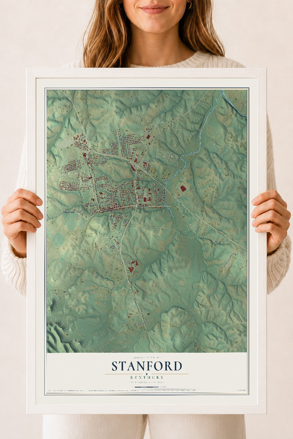 Map of Stanford, Kentucky, 18 x 24 inch print in a white wood frame