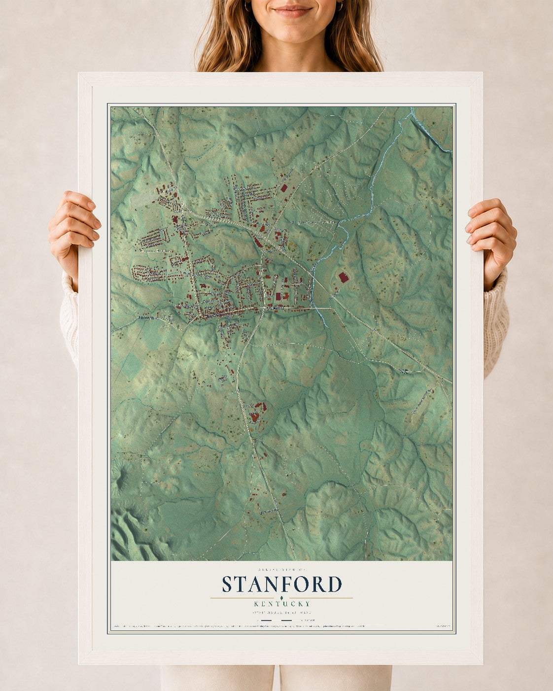Map of Stanford, Kentucky, 24 x 36 inch print in a white wood frame