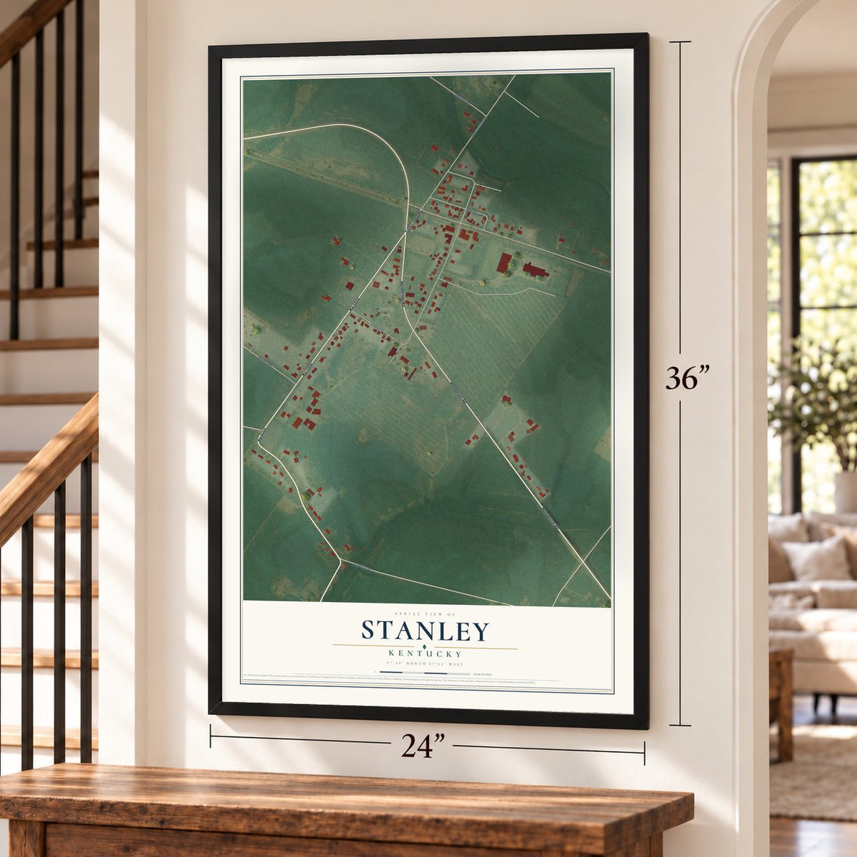 Stanley, Kentucky map, 24 x 36 inch print in a black frame by a staircase