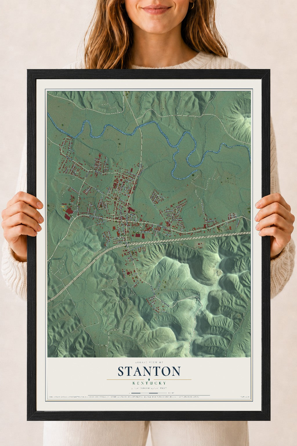 Map of Stanton, Kentucky, 18 x 24 inch print in a black wood frame