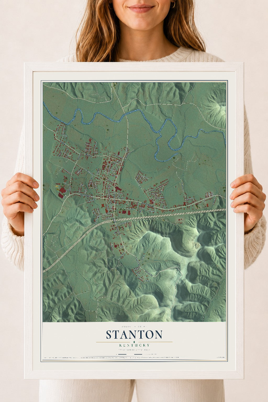 Map of Stanton, Kentucky, 18 x 24 inch print in a white wood frame