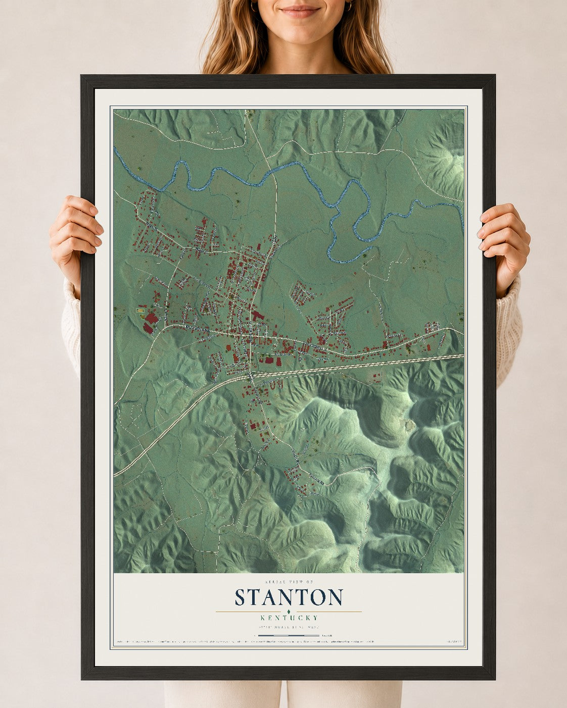 Map of Stanton, Kentucky, 24 x 36 inch print in a black wood frame