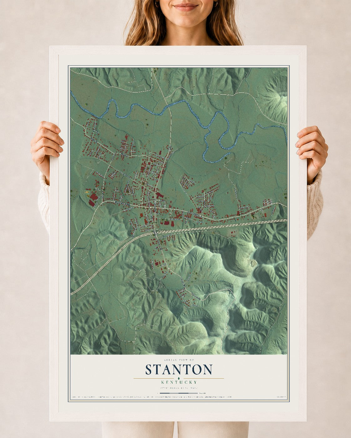 Map of Stanton, Kentucky, 24 x 36 inch print in a white wood frame