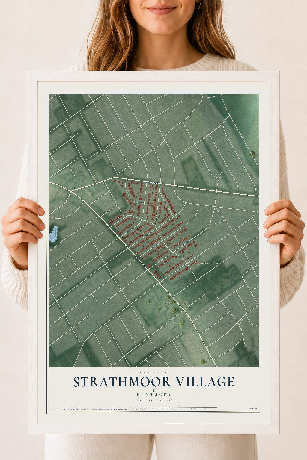 Map of Strathmoor Village, Kentucky, 18 x 24 inch print in a white wood frame