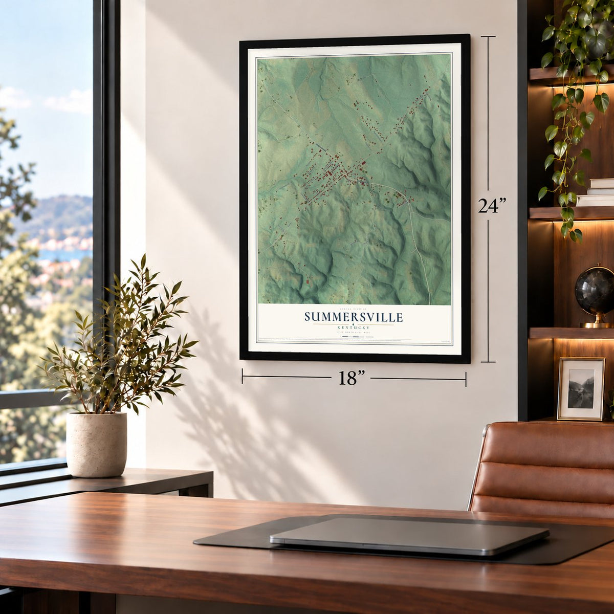 Summersville, Kentucky map, 18 x 24 inch print in a black frame in a home office